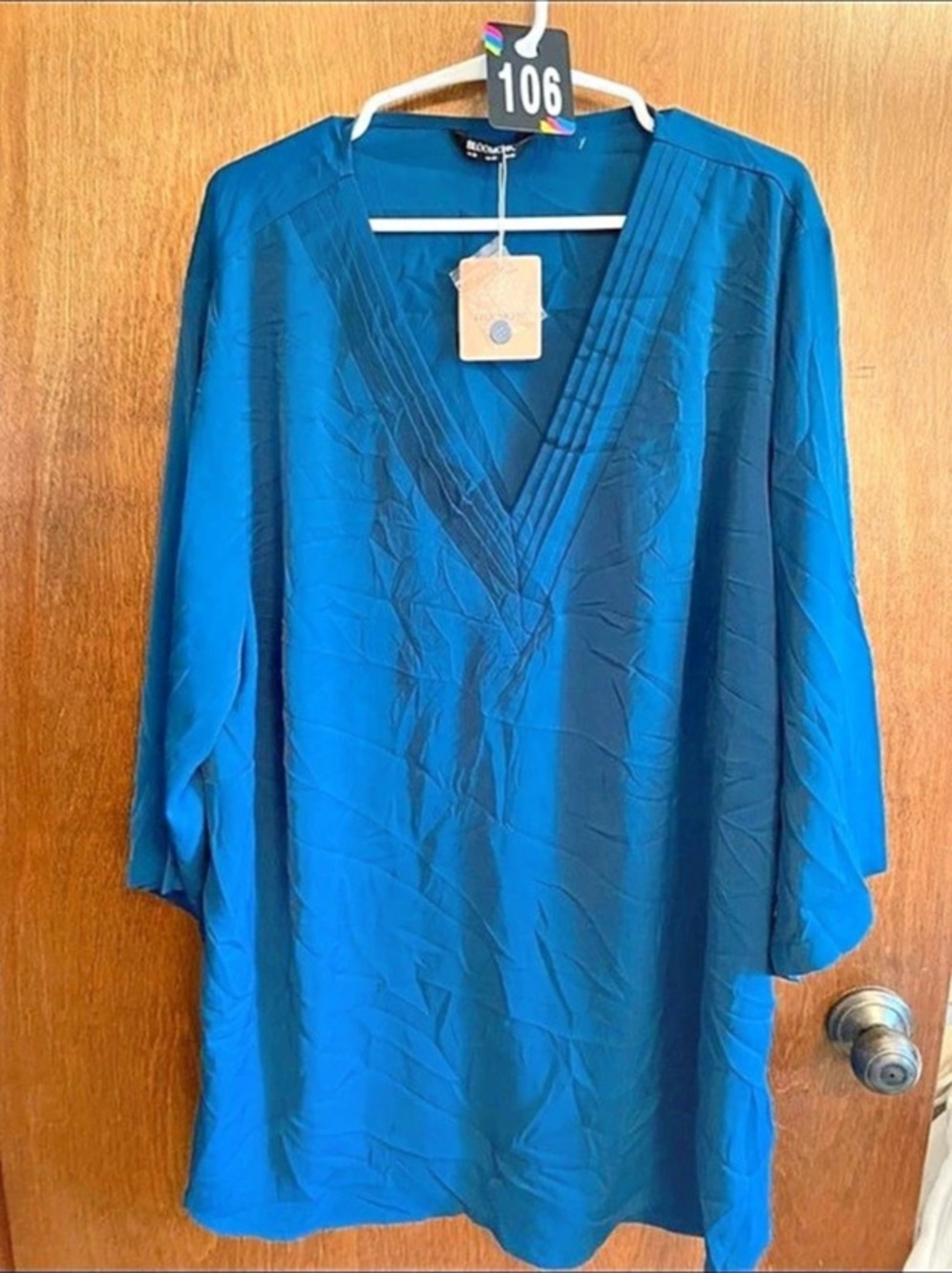 BLOOMCHIC V Neck Plain Pleated Tab Sleeve Blouse Pleated Tab Sleeve Blouse Blue